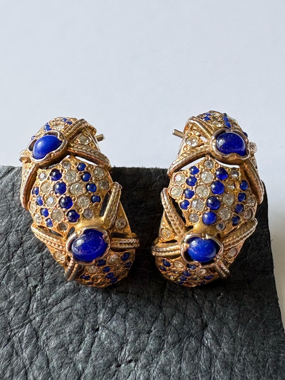Vintage Gold Domed Sculptural Lapis Cabochon Rhinestone Diamond Stud Earrings - Picture 3 of 16